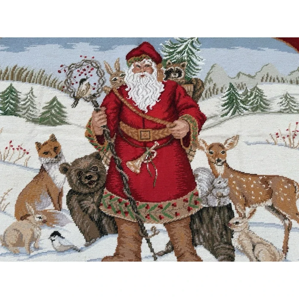Vintage 1994 C&F Ent. Wool Needlepoint Santa Woodland Animals Tapestry 42X30